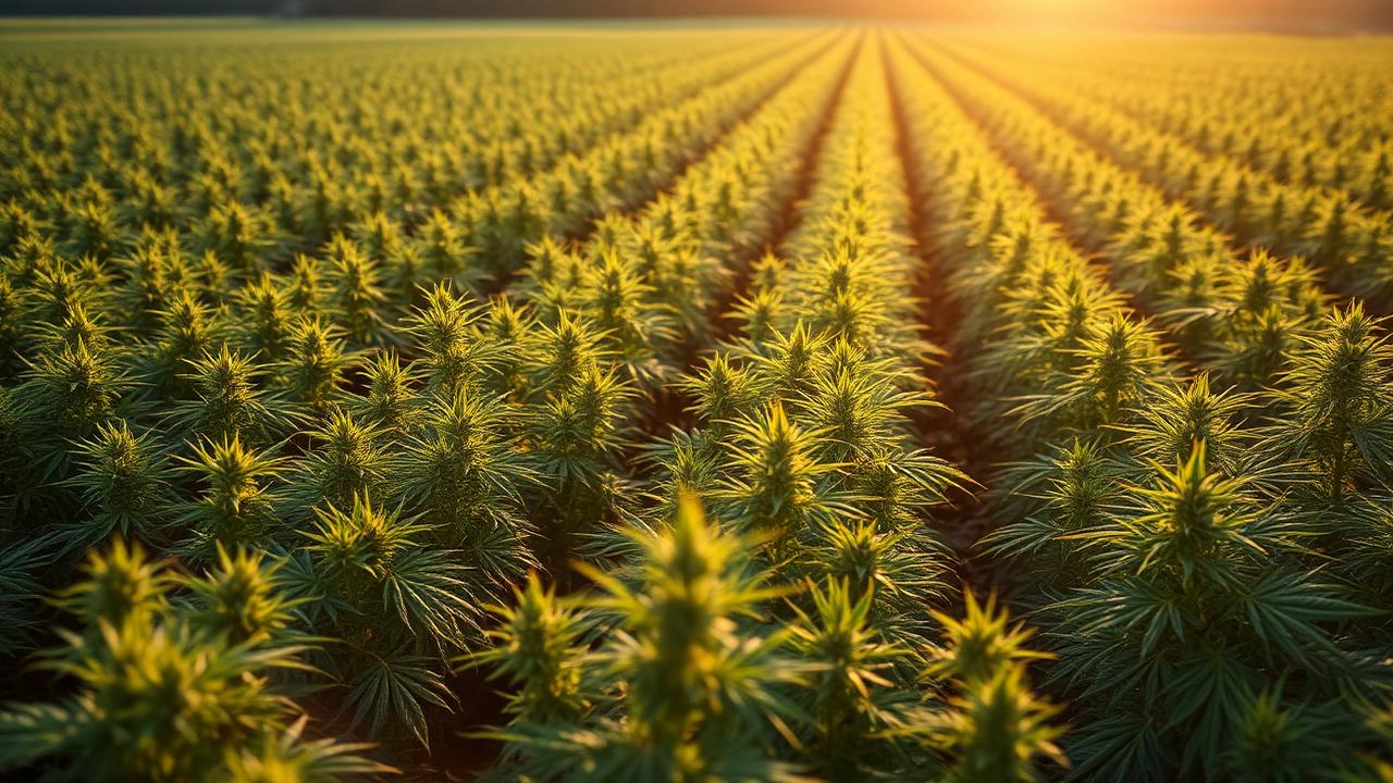 Rows of organically grown hemp plants on a partner farm at sunrise
